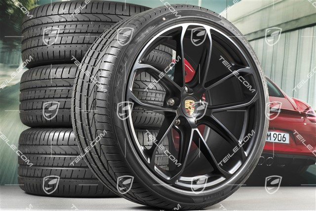 22-inch Cayenne Coupé GT summer wheel set, rims 10J x 22 ET48 + 11,5J x 22 ET52 + Pirelli P Zero summer tyres 285/35 R22 + 315/30 R22, with TPMS, black satin matt