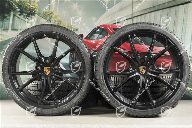 20" Carrera S winter wheels set for Cayman GT4 / Boxster Spyder, rims 8J x 20 ET57 + 10J x 20 ET45 + NEW Michelin winter tires 235/35 R20 + 275/30 R20, black (satin matt), with TPMS
