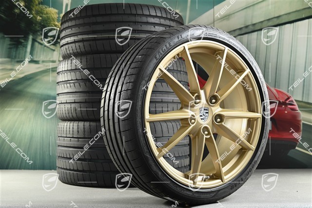 20+21-inch summer wheel set Carrera S, rims 8,5J x 20 ET53 + 11,5J x 21 ET67 + summer tyres 245/35 R20 + 305/30 R21, with TPM, Aurum satin matt