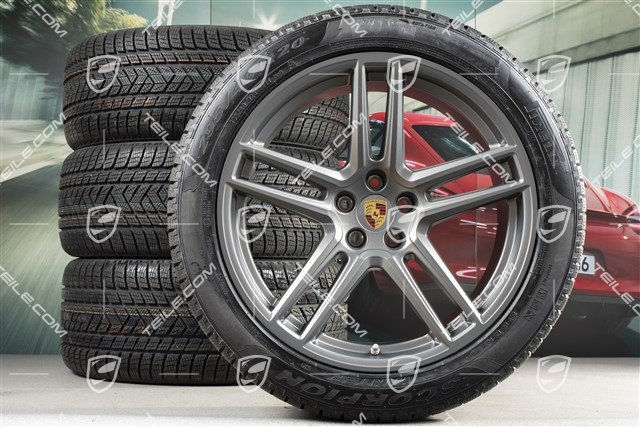 20" "Macan Turbo" koła zimowe, komplet, felgi 9J x 20 ET26 + 10J x 20 ET19 + NOWE opony zimowe Pirelli 265/45 R20 + 295/40 R20, Platinum satynowy mat, z czujnikami ciśnienia RDK