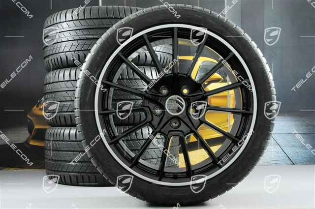 21" Komplet kół letnich, Cayenne SportPlus, felgi 10J x 21 ET50 + 10J x 21 ET45 + opony letnie Michelin 295/35 R21, z czujnikami ciśnienia, czarny wysoki połysk