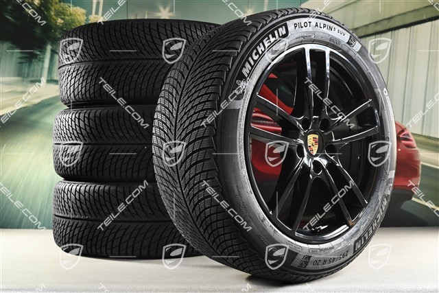 20-inch Cayenne Sport winter wheel set, rims 9J x 20 ET50 + 10,5J x 20 ET64 + NEW Michelin winter tyres 255/55 R20 + 295/45 R20, with TPMS, in Schwarz Hochglanz