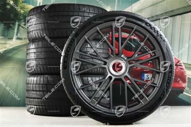21" Panamera Turbo S Sommerräder Satz, mit Zentralverschluss, Felgen 9,5J x 21 ET71 + 11,5J x 21 ET69 + NEUE Michelin Pilot Sport S5 Sommerreifen 275/35 R21 + 325/30 R21, dark silver