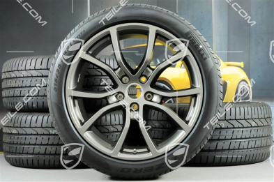 21" koła letnie Cayenne Exclusive Design, komplet, felgi 9,5J x 21 ET46 + 11,0J x 21 ET58 + opony letnie Pirelli P Zero 285/40 R21 + 315/35 R21, z czujnikami ciśnienia, Platinum półmat satyna