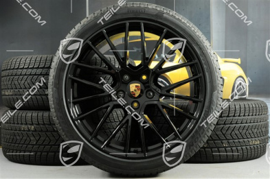 21" koła zimowe Cayenne COUPÉ RS Spyder, komplet, felgi 9,5J x 21 ET46 + 11,0J x 21 ET49 + NOWE opony zimowe Pirelli 275/40 R21 + 305/35 R21, z czujnikami ciśnienia, czarny wysoki połysk