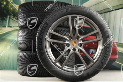 21" koła zimowe Cayenne Turbo Design, komplet, felgi 9,5J x 21 ET46 + 11,0J x 21 ET49 + NOWE opony zimowe Michelin 285/45 R21 + 305/40 R21, z czujnikami ciśnienia, platinum satynowy półmat