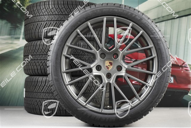 21" koła zimowe Cayenne RS Spyder, komplet, felgi 9,5J x 21 ET46 + 11,0J x 21 ET58 + NOWE opony zimowe Michelin 275/40 R21 + 305/35 R21, z czujnikami ciśnienia, Platinum satynowy półmat