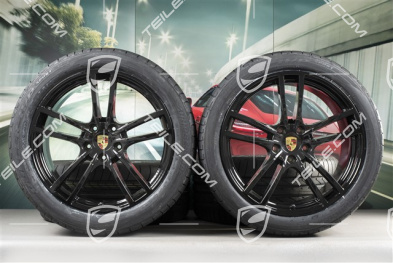 21" Cayenne Turbo Design Sommerräder Satz, Felgen 9,5J x 21 ET46 + 11,0J x 21 ET58 +  Bridgestone Dueler H/P Sport Sommerreifen 285/40 R21 + 315/35 R21, mit RDK-Sensoren, in Schwarz Hochglanz