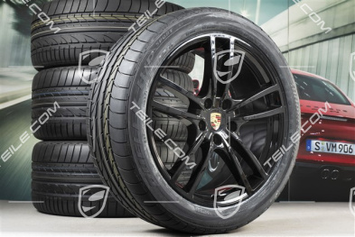 21" Cayenne Turbo Design Sommerräder Satz, Felgen 9,5J x 21 ET46 + 11,0J x 21 ET58 +  Bridgestone Dueler H/P Sport Sommerreifen 285/40 R21 + 315/35 R21, mit RDK-Sensoren, in Schwarz Hochglanz