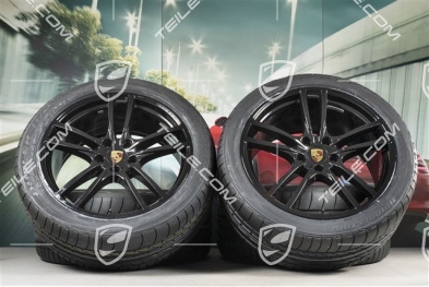 21" Cayenne Turbo Design Sommerräder Satz, Felgen 9,5J x 21 ET46 + 11,0J x 21 ET58 +  Bridgestone Dueler H/P Sport Sommerreifen 285/40 R21 + 315/35 R21, mit RDK-Sensoren, in Schwarz Hochglanz