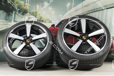 20"+21" koła letnie, komplet Exclusive Design, felgi 8,5J x 20 ET50 + 11,5J x 21 ET67 + NOWE opony letnie Goodyear 245/35 R20 + 305/30 R21, z czujnikami ciśnienia, czarny wysoki połysk