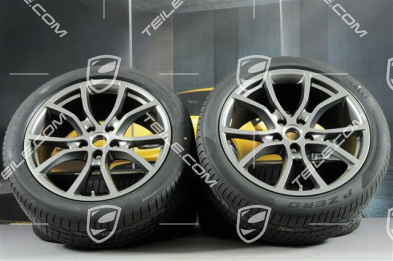 21" Cayenne Exclusive Design Sommerräder Satz, Felgen 9,5J x 21 ET46 + 11,0J x 21 ET58 + NEUE Pirelli P Zero Sommerreifen 285/40 R21 + 315/35 R21, mit RDK-Sensoren, Platinum-Seidenmatt