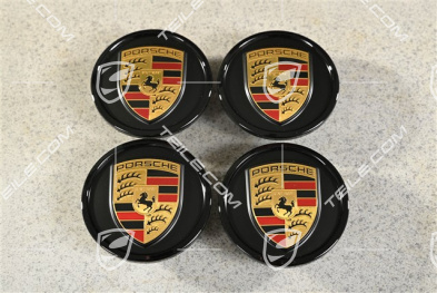 Radzierdeckel Satz (4 Stück), Lackiert Schwarz seidenglanz mit farbigem Porsche Wappen und Schwarz Hochglanz Ring