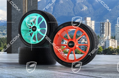 20" rims set GT3, 9J x 20 ET55 + 12J x 20 ET47, front: Gulforange + Acidgreen, rear: Mintgreen + Ruby Star
