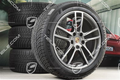 20" koła zimowe Cayenne Sport, komplet, felgi 9J x 20 ET50 + 10,5J x 20 ET64 + opony zimowe Michelin 275/45 R20 + 305/40 R20, z czujnikami ciśnienia, Platinum satynowy półmat