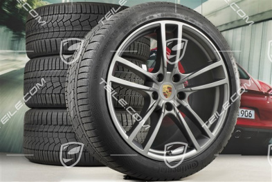 21-inch Cayenne Turbo winter wheel set, rims 9,5J x 21 ET46 + 11,0J x 21 ET58 + Continental winter tyres 275/40 R21 + 305/35 R21, with TPMS, Platinum satin matt