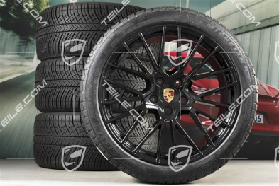 21" koła zimowe Cayenne COUPÉ RS Spyder, komplet, felgi 9,5J x 21 ET46 + 11,0J x 21 ET49 + NOWE opony zimowe Michelin Pilot Alpin 5 275/40 R21 + 305/35 R21, z czujnikami ciśnienia, czarny wysoki połysk