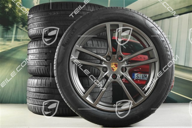 21-inch Cayenne Turbo Design summer wheel set, rims 9,5J x 21 ET46 + 11,0J x 21 ET58 + Pirelli P Zero summer tyres 285/40 R21 + 315/35 R21, with TPMS, Platinum satin mat
