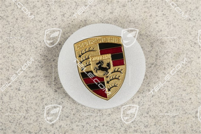 Hub cap, silver, with coloured Porsche crest/logo, inside diameter 71mm
