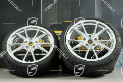 20" Carrera S summer wheel set, rims 8J x 20 ET57 + 10J x 20 ET45 + NEW Pirelli summer tires 235/35 ZR20 + 265/35 ZR20, silver, with TPMS