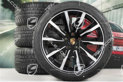 20" koła zimowe Taycan Tequipment Design, komplet, felgi 9J x 20 ET54 + 11J x 20 ET60, opony zimowe Pirelli 245/45 R20 + 285/40 R20, czarny wysoki połysk