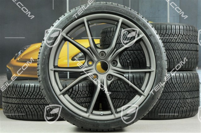 20" Winterräder Satz Carrera S (IV), neuwertige Felgen 8,5J x 20 ET49 + 11J x 20 ET56 + NEUE Michelin Pilot Alpin PA4 N1 Winterreifen 245/35 R20 + 295/30 R20 (0 Km), in Platinum für Porsche 991.2