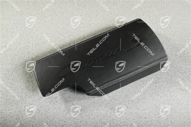 Armlehne Deckel, Mittelkonsole, Leder, Schwarz mit geprägtem Schriftzug Cayman S
