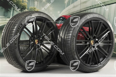 22" Cayenne Coupé Turbo IV Sommerräder Satz, Felgen 10J x 22 ET48 + 11,5J x 22 ET52 + NEUE Pirelli P Zero Sommerreifen 285/35 R22 + 315/30 R22, mit RDK-Sensoren, schwarz seidenmatt