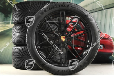 21" koła zimowe Cayenne "RS Spyder Design", komplet, felgi 9,5J x 21 ET46 + 11,0J x 21 ET49 + NOWE opony zimowe Michelin Pilot Alpin 5 SUV 285/45 R21 + 305/40 R21, z czujnikami ciśnienia, czarny wysoki połysk