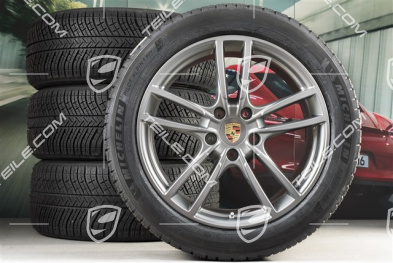 20" koła zimowe Cayenne Sport, komplet, felgi 9J x 20 ET50 + 10,5J x 20 ET64 + opony zimowe Michelin 275/45 R20 + 305/40 R20, z czujnikami ciśnienia, Platinum satynowy półmat