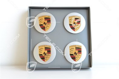 Dekielki na felgi, komplet (4 szt.), srebrne z kolorowym herbem Porsche