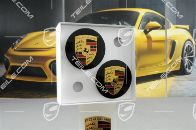 Radzierdeckel Satz (4 Stück), konvex, schwarz hochglanz, mit farbigem Porschewappen