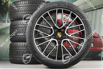 21" koła zimowe Cayenne COUPÉ RS Spyder, komplet, felgi 9,5J x 21 ET46 + 11,0J x 21 ET49 + NOWE opony zimowe Pirelli 275/40 R21 + 305/35 R21, z czujnikami ciśnienia, czarny wysoki połysk