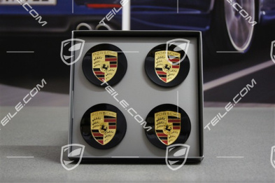 Radzierdeckel Satz (4 Stück), schwarz, Hochglanz, mit farbigem Porsche Wappen, KONKAV