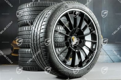 21" Cayenne SportPlus Sommerräder Satz, Felgen 10J x 21 ET50 + 10J x 21 ET45 + Michelin Sommerreifen 295/35 R21, mit RDK-Sensoren, in Schwarz Hochglanz
