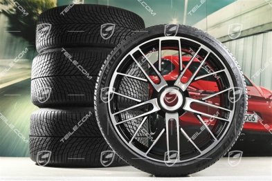 20+21" 911 Turbo S koła zimowe, komplet, felgi 8,5J x 20 ET40 + 11,5 x 21 ET62 + opony zimowe Michelin 245/35 R20 + 315/30 R21, czarny wysoki połysk + frezowana powierzchnia ramion