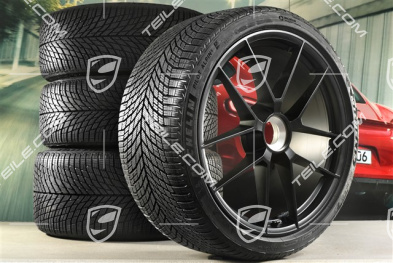 20"+21" Carrera GTS Winterräder Satz, mit Zentralverschluss, Felgen 8,5J x 20 ET50 + 11J x 21 ET82 + Michelin Winterreifen 245/35 R20 + 305/30 R21, mit RDK-Sensoren, schwarz seidenmatt