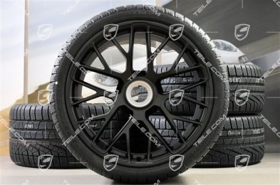 GT3 20" koła zimowe, komplet, "Turbo S" central. moc., 9J x 20 ET51 + 11J x 20 ET59 + NOWE opony zimowe Pirelli 245/35 R20+295/30 R20, czujniki RDK, czarny półmat satyna