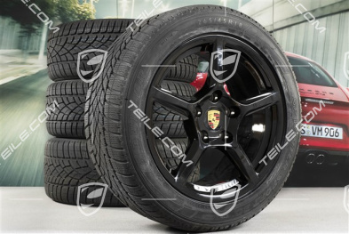 18" Boxster Winterräder Satz, 8J x 18 ET57 + 9J x 18 ET47 + NEUE Winterreifen Dunlop 235/45 R18 + 265/45 R18, schwarz hochglanz, mit RDK-Sensoren