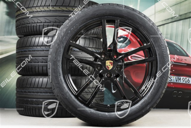 21" Cayenne Turbo Design Sommerräder Satz, Felgen 9,5J x 21 ET46 + 11,0J x 21 ET58 +  Bridgestone Dueler H/P Sport Sommerreifen 285/40 R21 + 315/35 R21, mit RDK-Sensoren, in Schwarz Hochglanz
