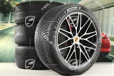 21" koła zimowe Cayenne "RS Spyder Design", komplet, felgi 9,5J x 21 ET46 + 11,0J x 21 ET49 + opony zimowe Michelin Pilot Alpin 5 SUV 285/45 R21 + 305/40 R21, z czujnikami ciśnienia, czarny wysoki połysk z frezowanym frontem
